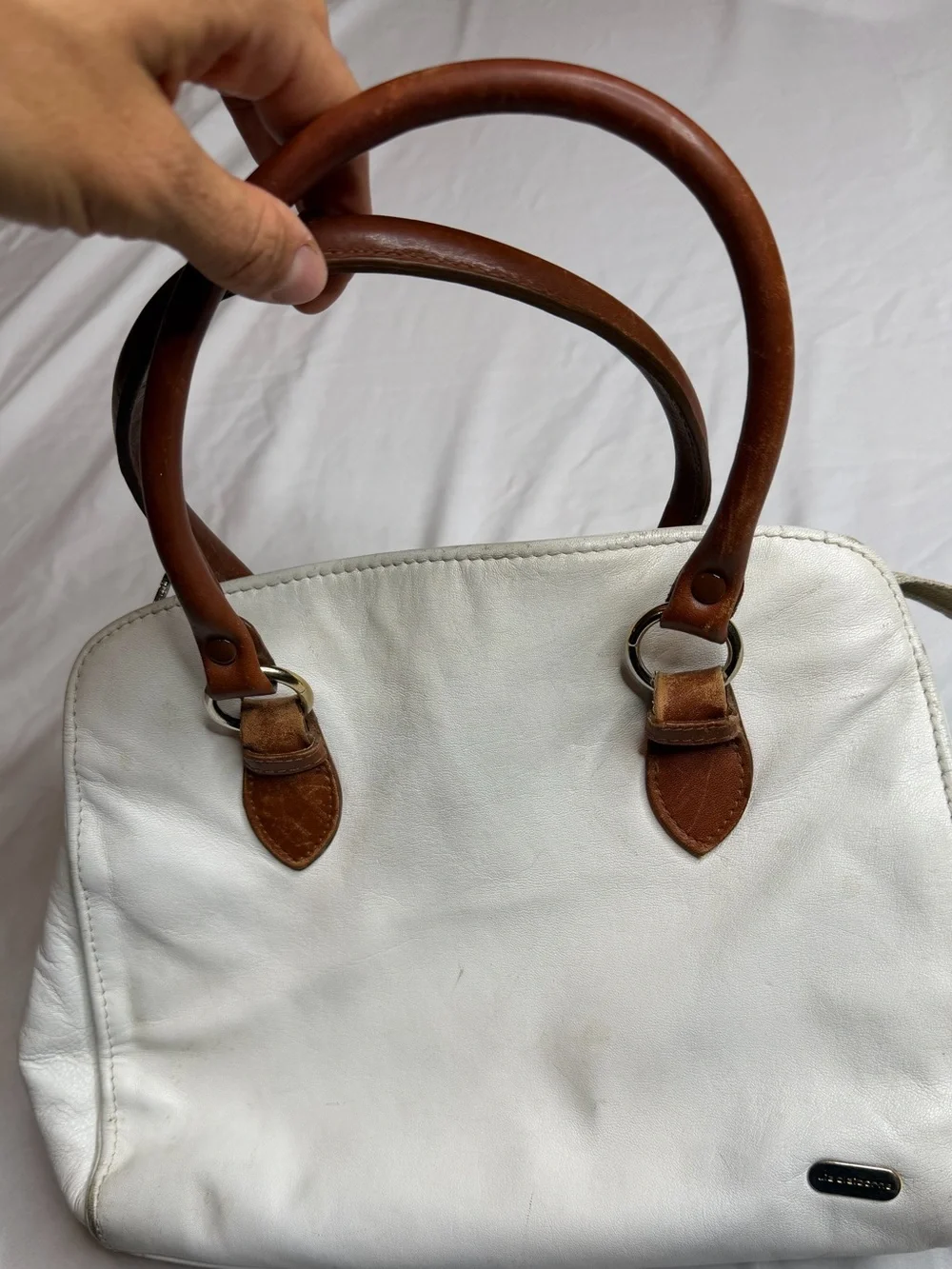 Liz Claiborne Genuine Leather White Satchel Brown Handle Shoulder Purse Bag
